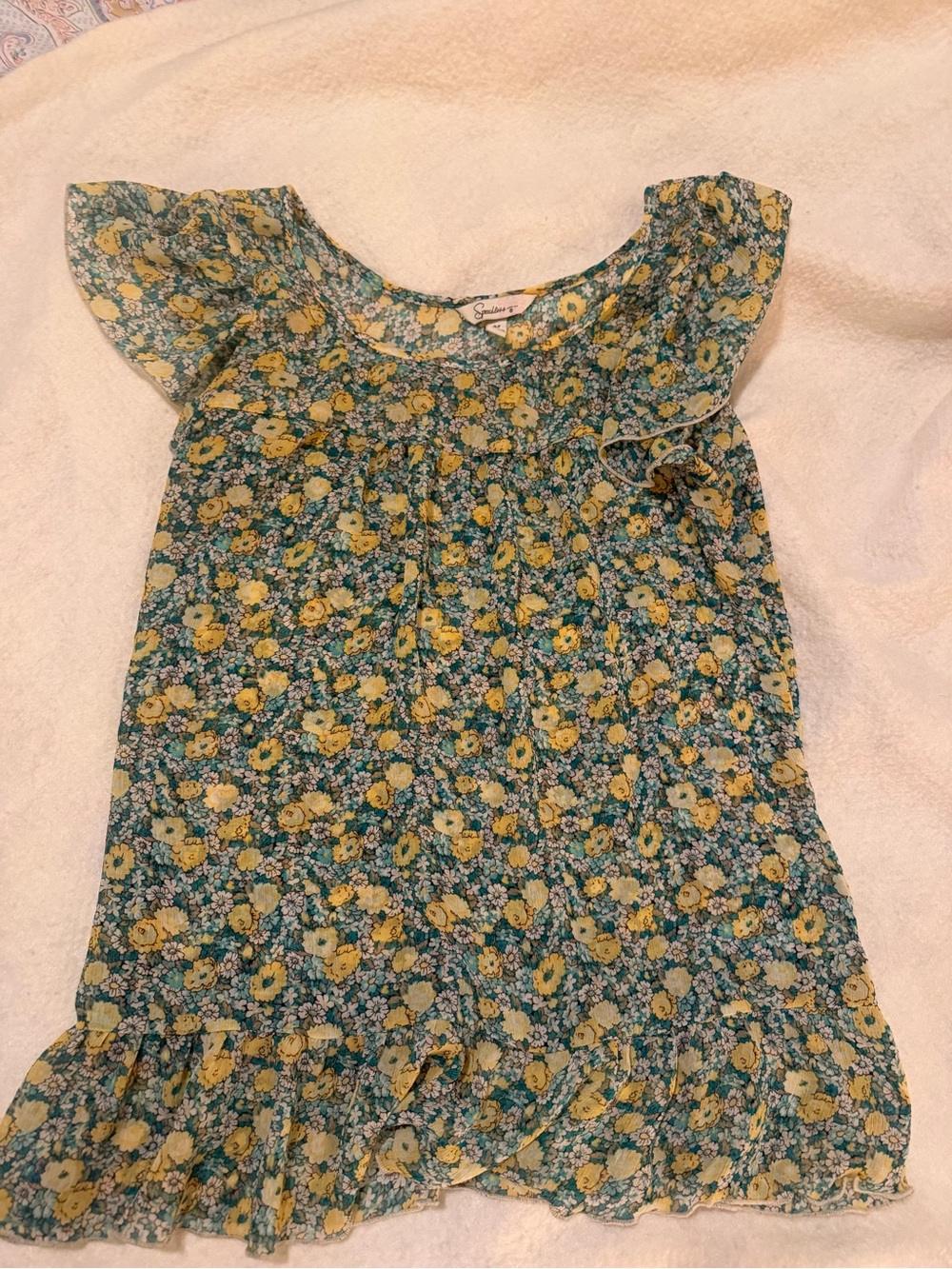 Smocked Floral Flutter Sleeve Blouse - Green & Yellow